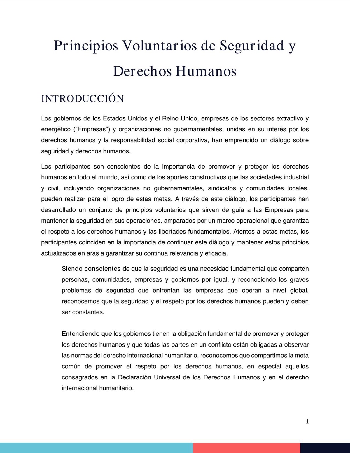 Portada de Los Principios Voluntarios sobre Seguridad y Derechos Humanos